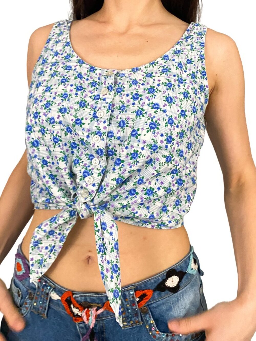 Vintage white blue and purple floral sleeveless tie front button down top